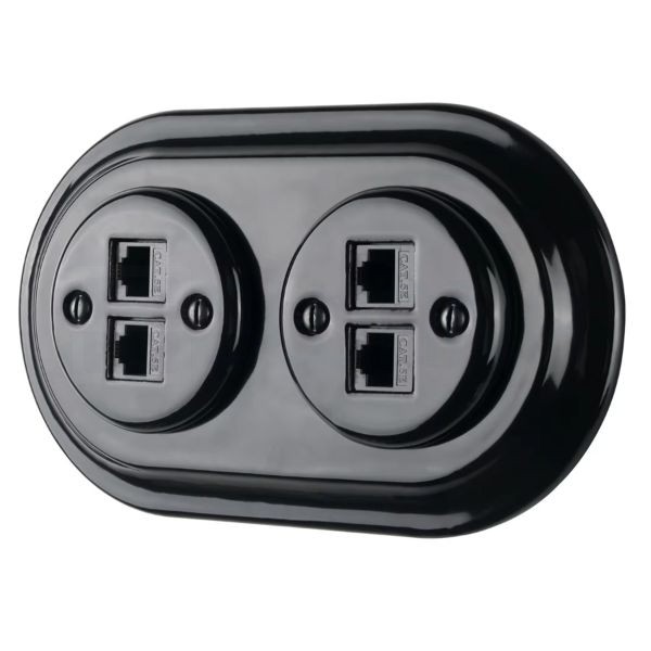 Dupla RJ45 aljzat – fekete porcelán kerettel (2×RJ45, CAT5e/CAT6)