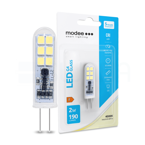 Modee Lighting LED Izzó G4 Üveg AC-DC 12V 2W 4000K (190 lumen) ERP B1